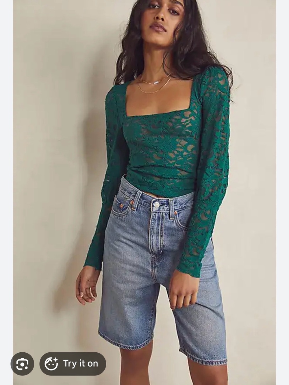 Free People Emerald Lace Long-Sleeve Square-Neck Top